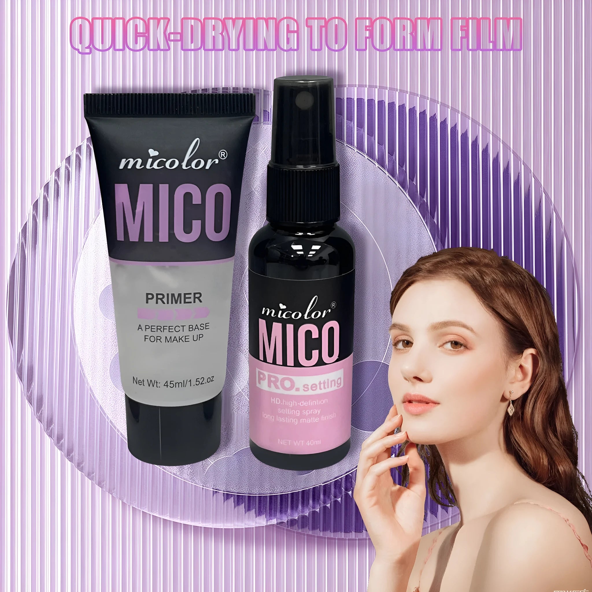 Makeup primer and finishing spray two-in-one system with 45ml and 40ml monochrome bottles