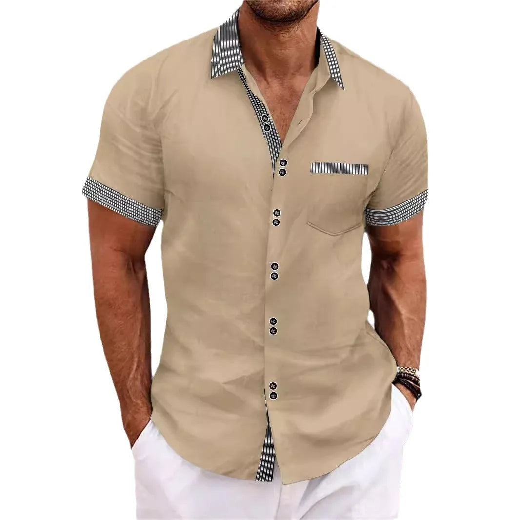 Slim fit striped casual cotton shirt on a hanger, showing double button front detail.