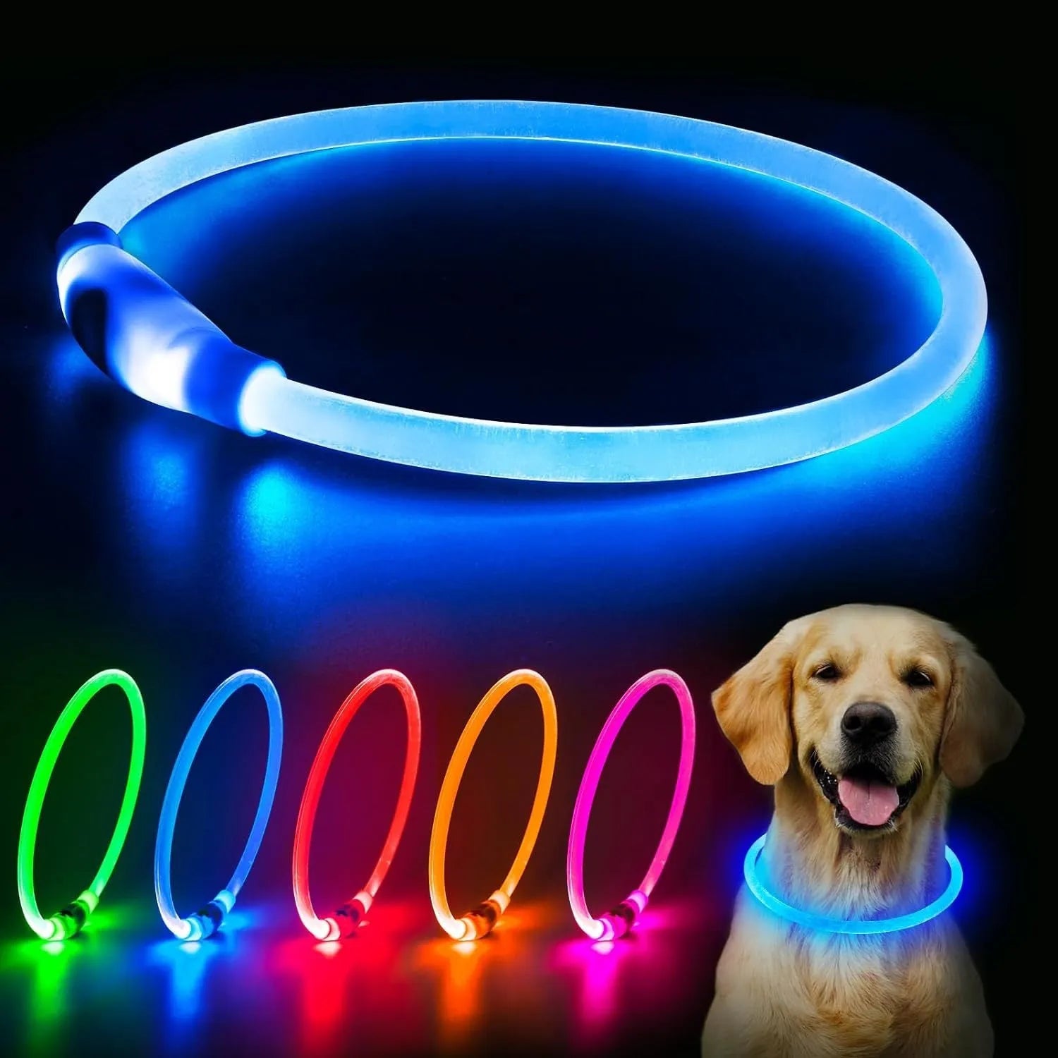 Blue LED dog collar glowing with adjustable TPU band and USB charging port visible