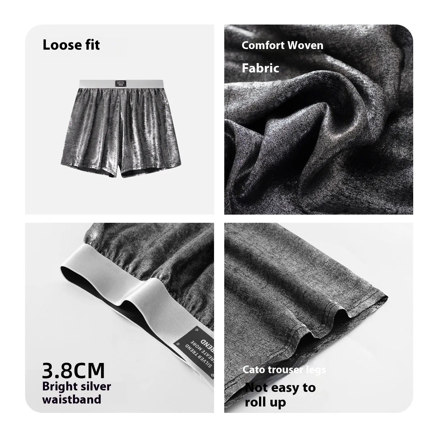 Man wearing galaxy reflective silver loose-fit woven polyester sports shorts.