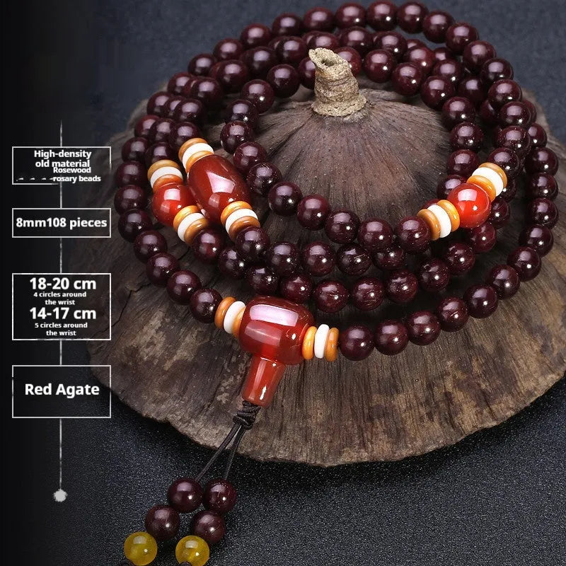 Men's traditional rosewood bracelet with 108 beads, showing lapis lazuli and turquoise accent styles.