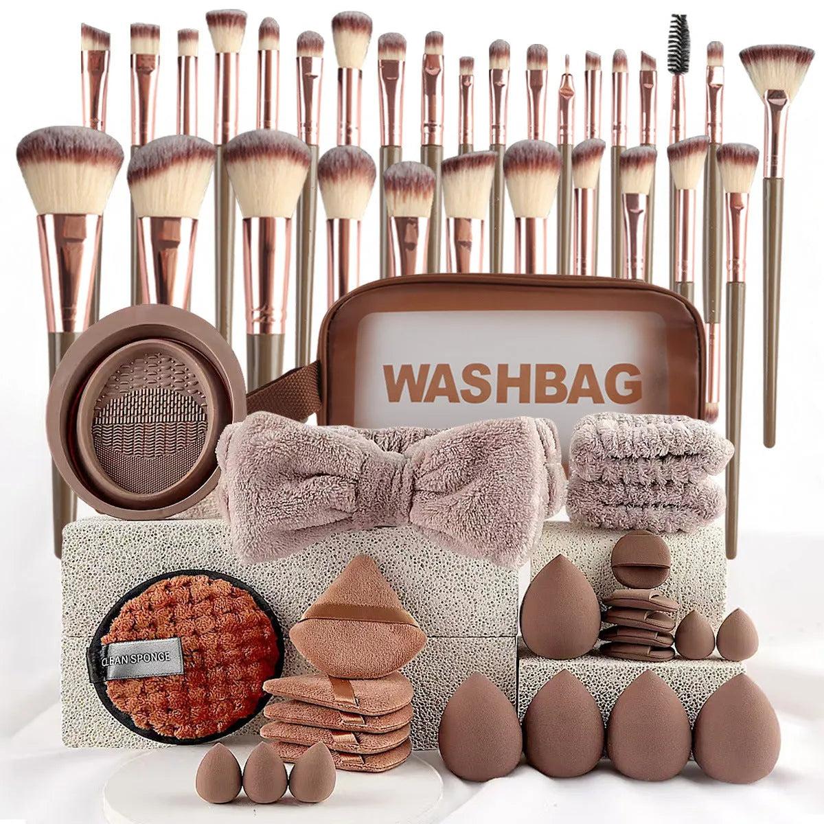 Professional makeup brush set with face wash tools in brown, pink, and purple colour options