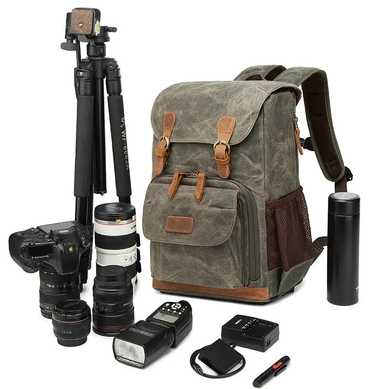 Canvas DSLR camera backpack in khaki colour showing backpack straps and main compartment