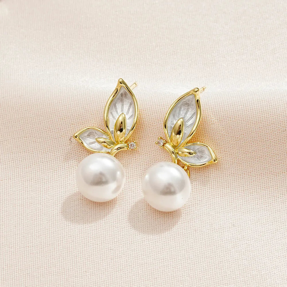 Women's simple copper butterfly earrings with zircon painting oil finish, colour PT0203.
