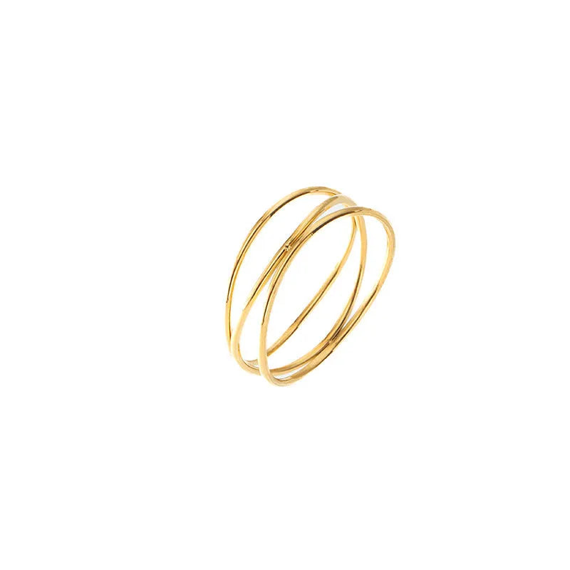 Gold-coloured geometric line ring with three-layer coil design on titanium steel band