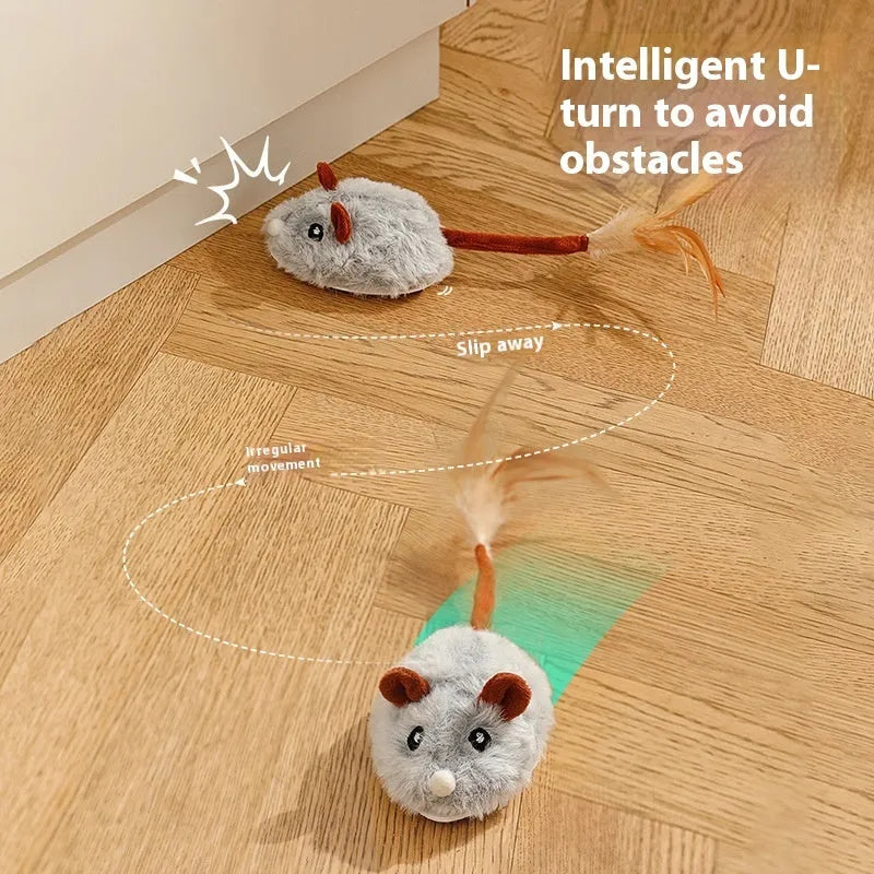 Self-playing electric cat toy with plush mouse on pole, available in pink, dark grey and purple colours