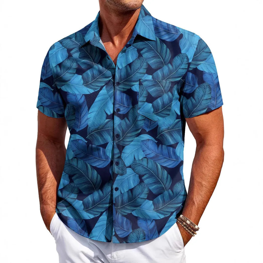 Man wearing a slim fit Hawaiian pattern short sleeve shirt in elastic polyester fabric.