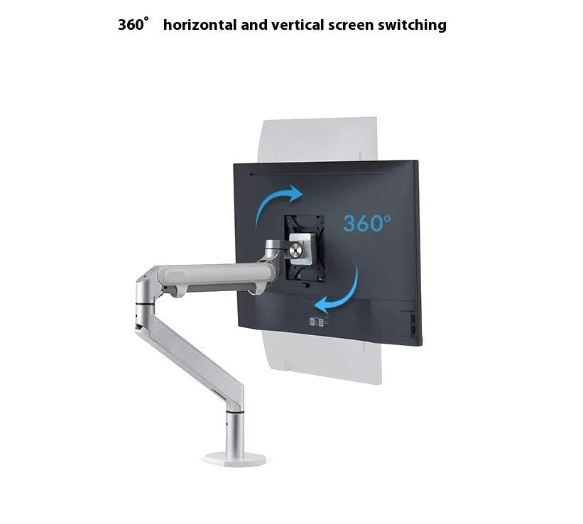 Silver aluminium laptop stand with adjustable air pressure arm on wooden desk
