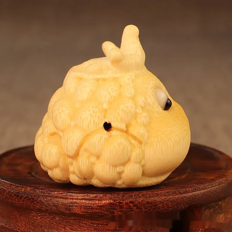 Solid bamboo carving ornament depicting crown princess toad with live eyes in cute style