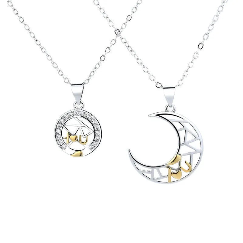 Sun moon tooth couple necklace with copper pendant and cross chain, male and female colour variants
