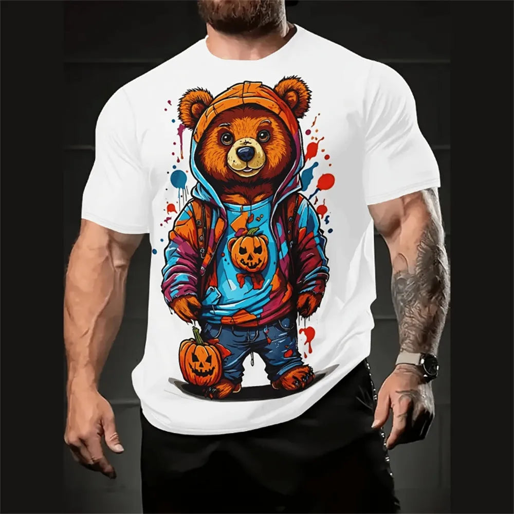 Men's loose fit cartoon printed short sleeve T-shirt in milk silk linen fabric for summer