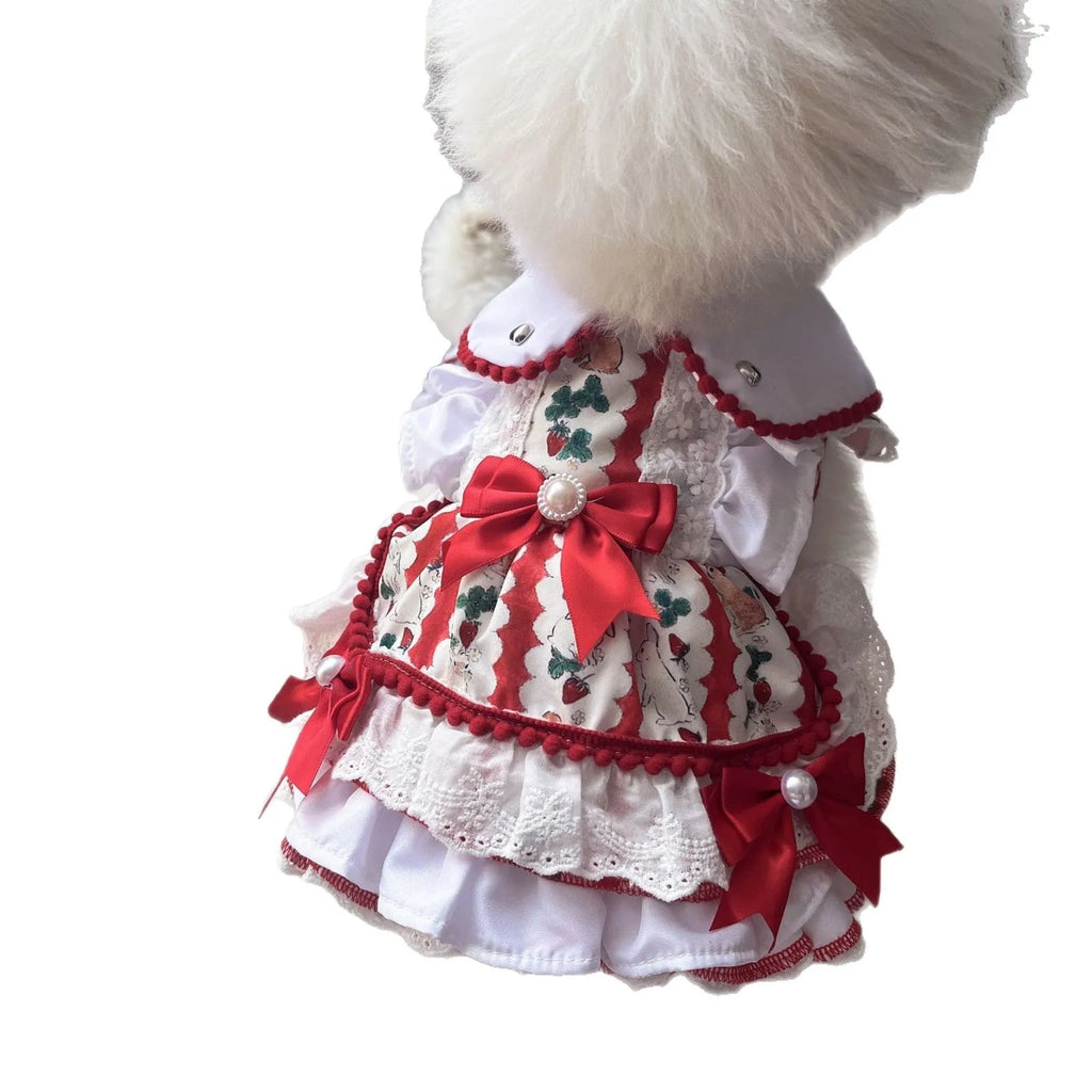 A small dog wearing a lightweight white and grey rabbit-themed princess skirt.