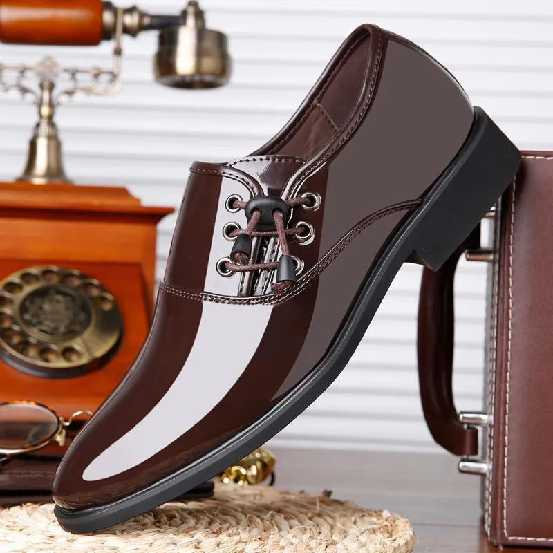 Men's black formal slip-on shoes with square heel and round toe
