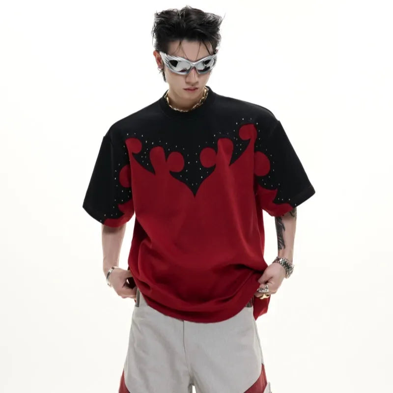 Men's grey cotton t-shirt with burnt flower stitching and rhinestone decoration on short sleeves