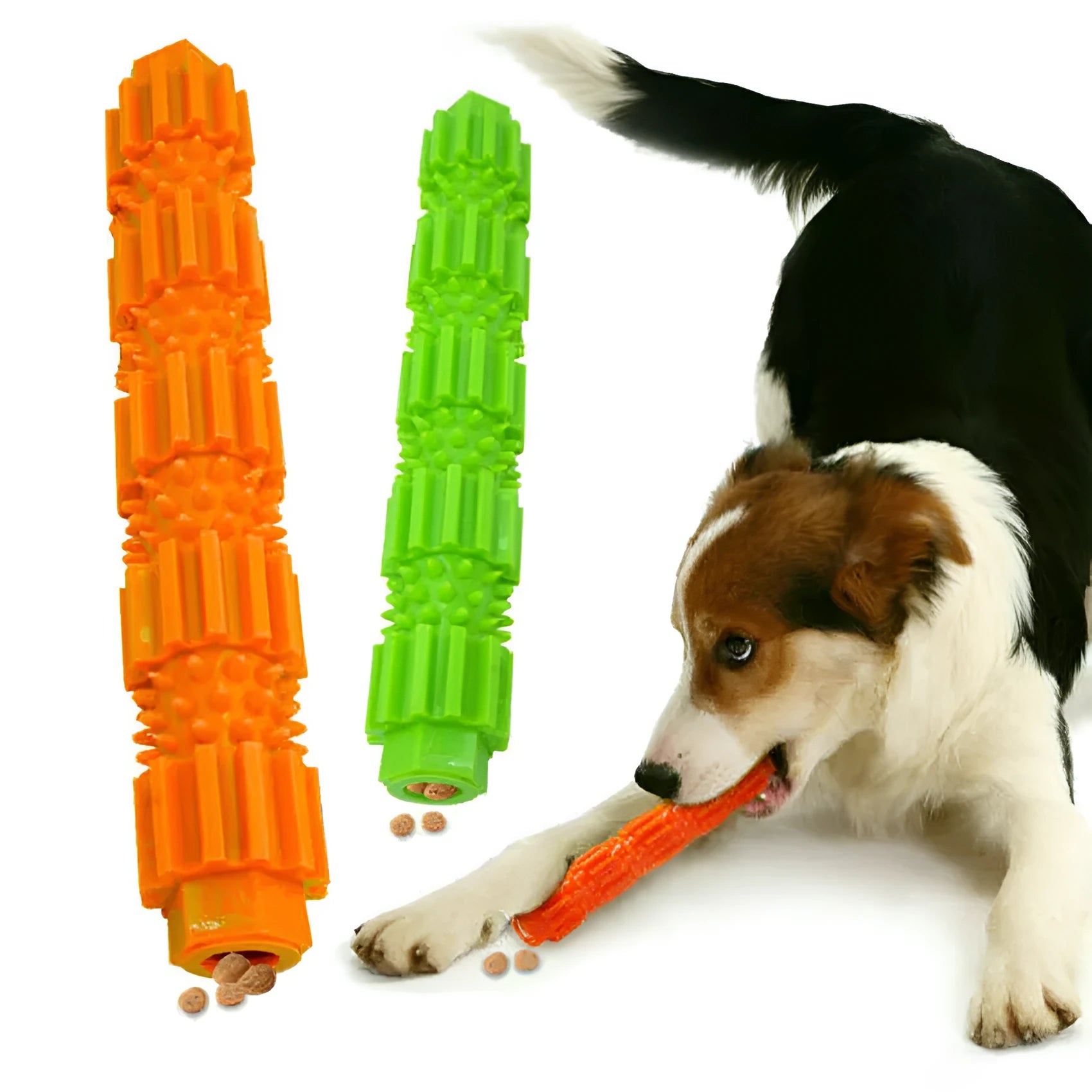Green natural rubber dog chew toy with treat holes and squeaker for aggressive chewers