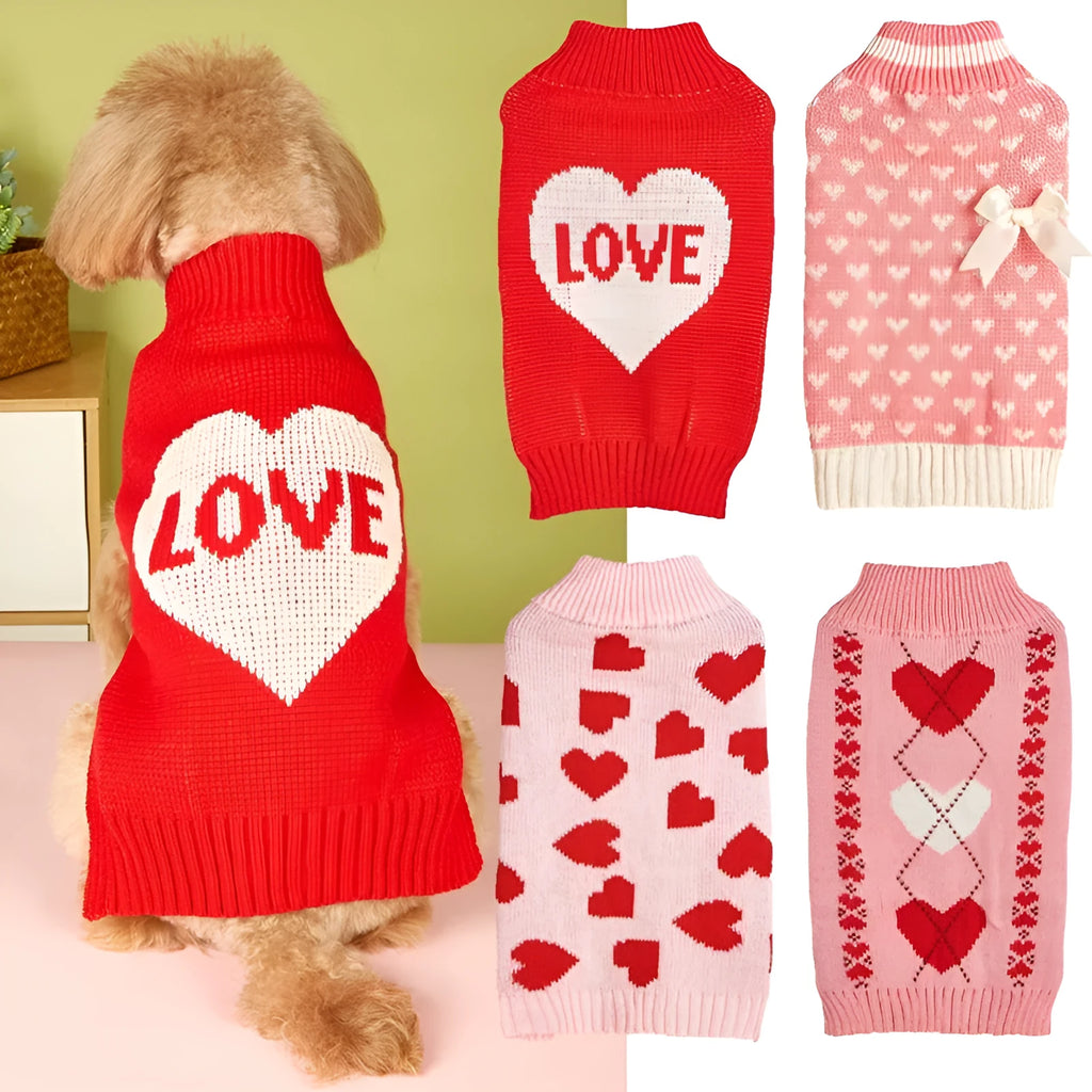 Red acrylic dog sweater with a large white love heart design on the back.
