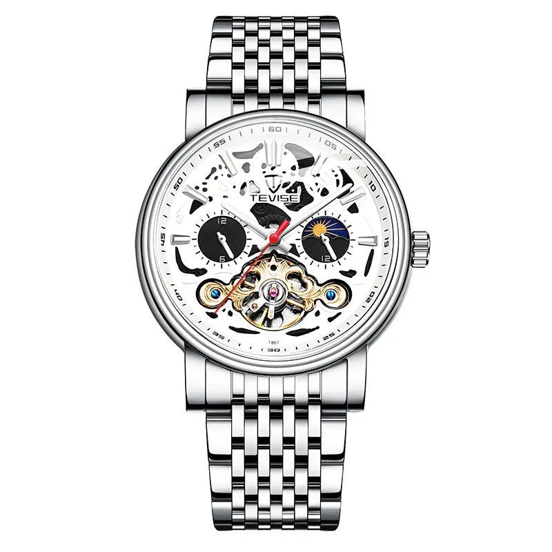 Men's casual tourbillon mechanical watch with luminous hands on a black leather strap.