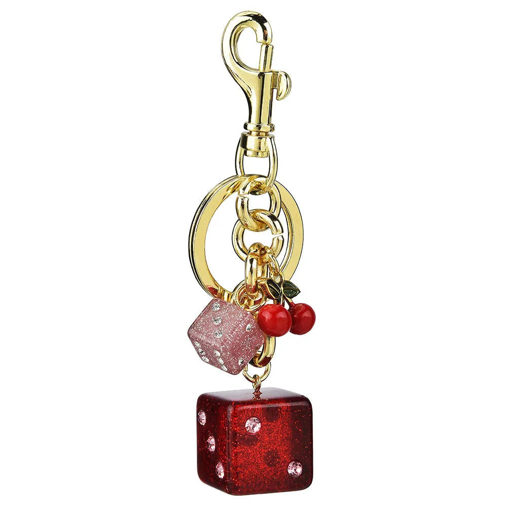 Square metal dice bag keychain pendant with cherry two-tone electroplated finish