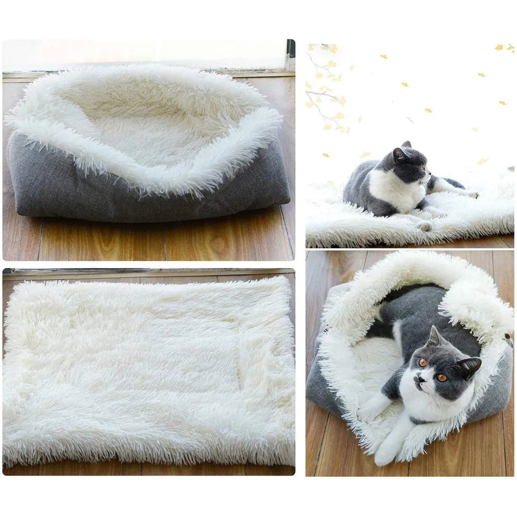 Grey or white pet blanket with long plush hair measuring 61cm by 51cm with non-slip black bottom