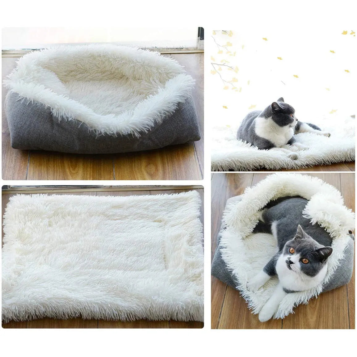 Grey or white pet blanket with long plush hair measuring 61cm by 51cm with non-slip black bottom