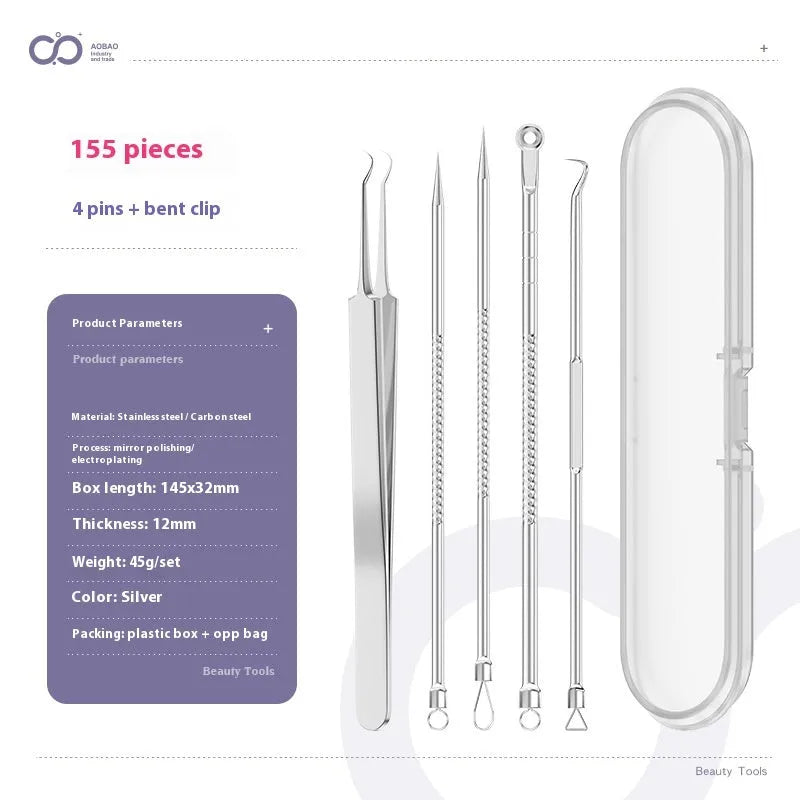 Four silver metal acne needles with fine pointed tips laid out on a flat surface.