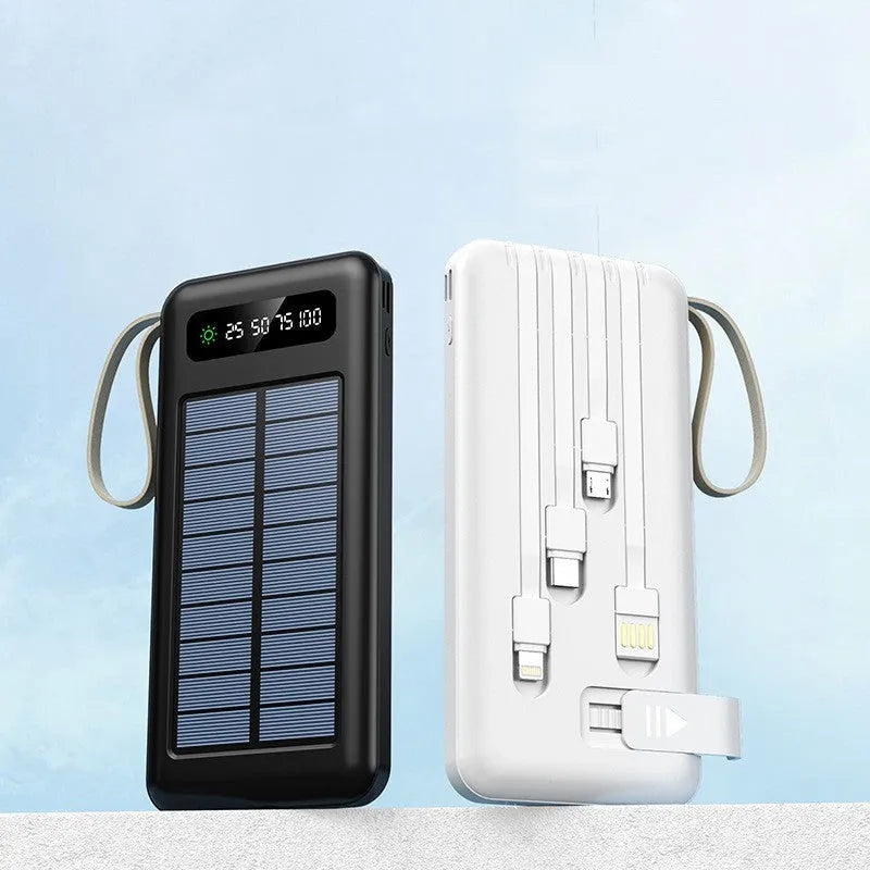 Black and white solar power bank showing front view with dimensions 144mm by 68mm.