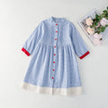 Blue plaid overknee long cotton dress for girls with button front, available for heights 90-130cm