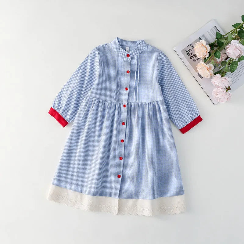 Blue plaid overknee long cotton dress for girls with button front, available for heights 90-130cm