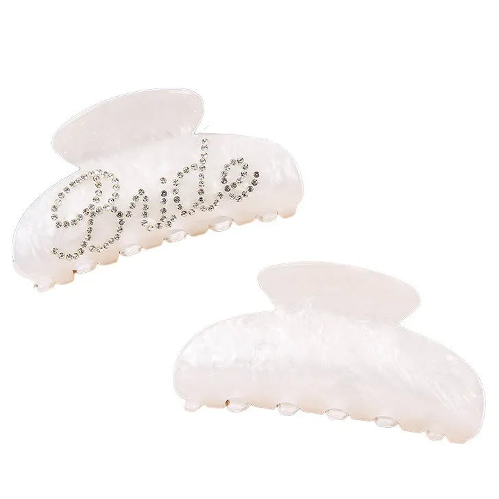 Acrylic hair clip with spot drill decoration in pink or white, 10cm long.