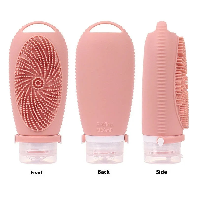 Silicone bath brush storage bottle in various colours showing 100ml capacity for bathroom organisation