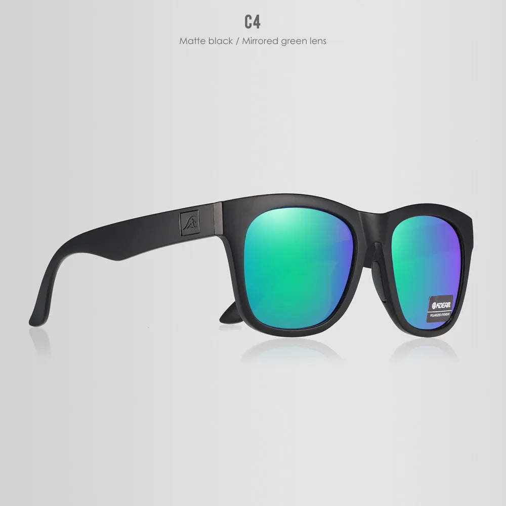 Polarised sunglasses with TAC lenses and PC frame for UV protection during outdoor activities.