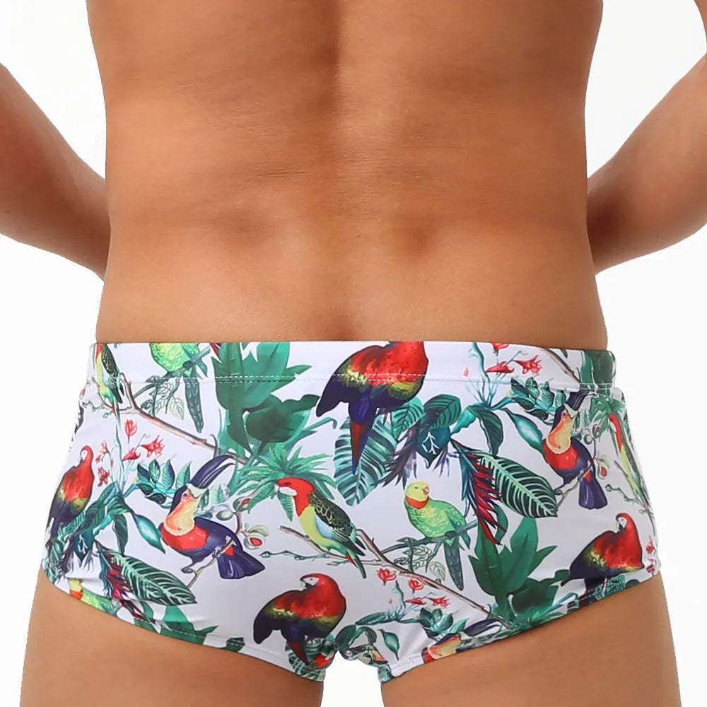Men's nylon swimming trunks with flower-bird print in briefs and boxer styles