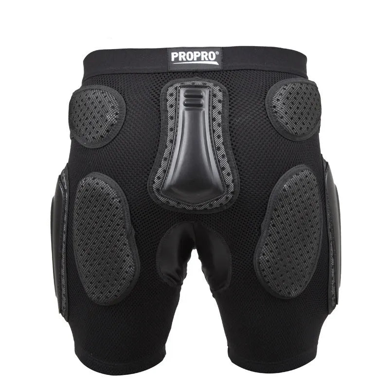 Black cycling hip protection pants with integrated hip pads shown in adult sizes