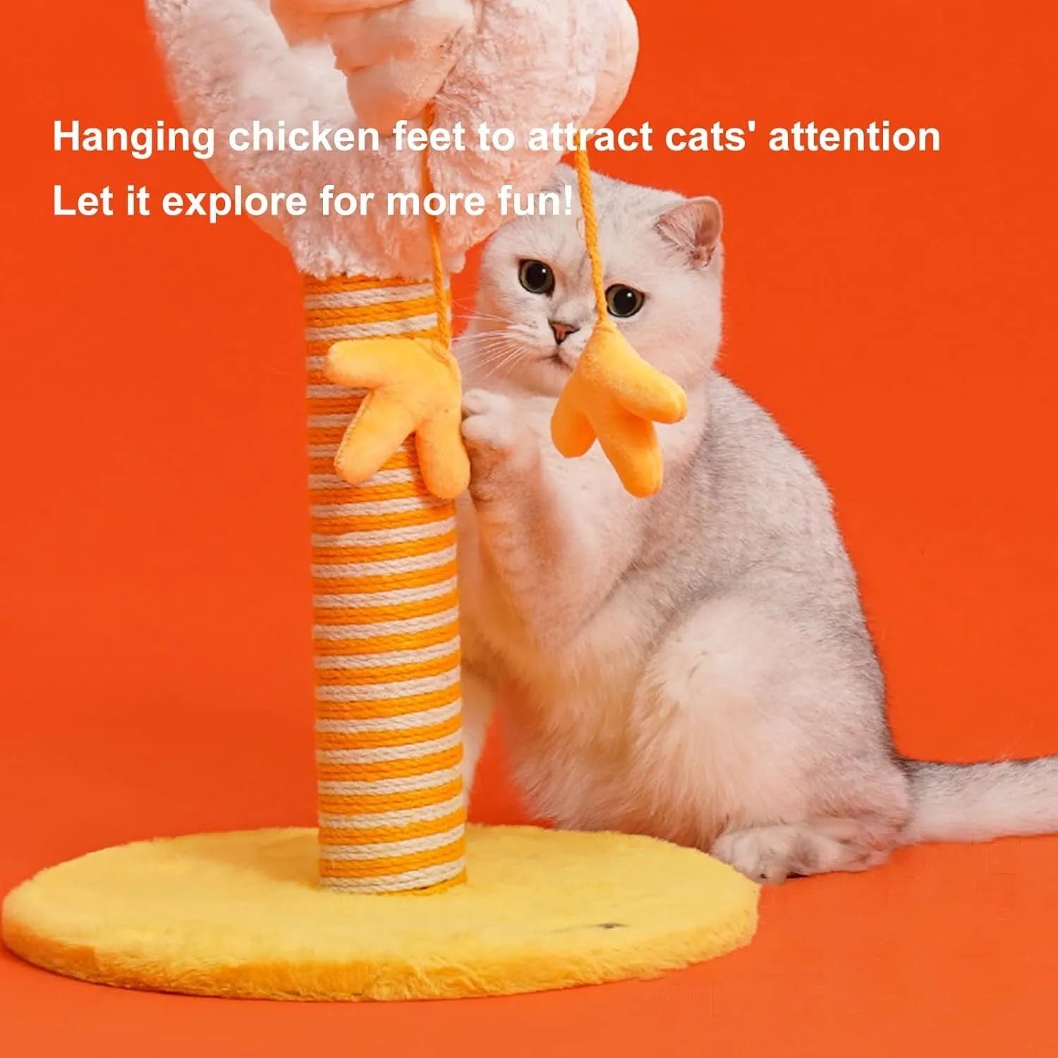 Tall yellow vertical cat scratching post with sisal rope and a spring ball toy.
