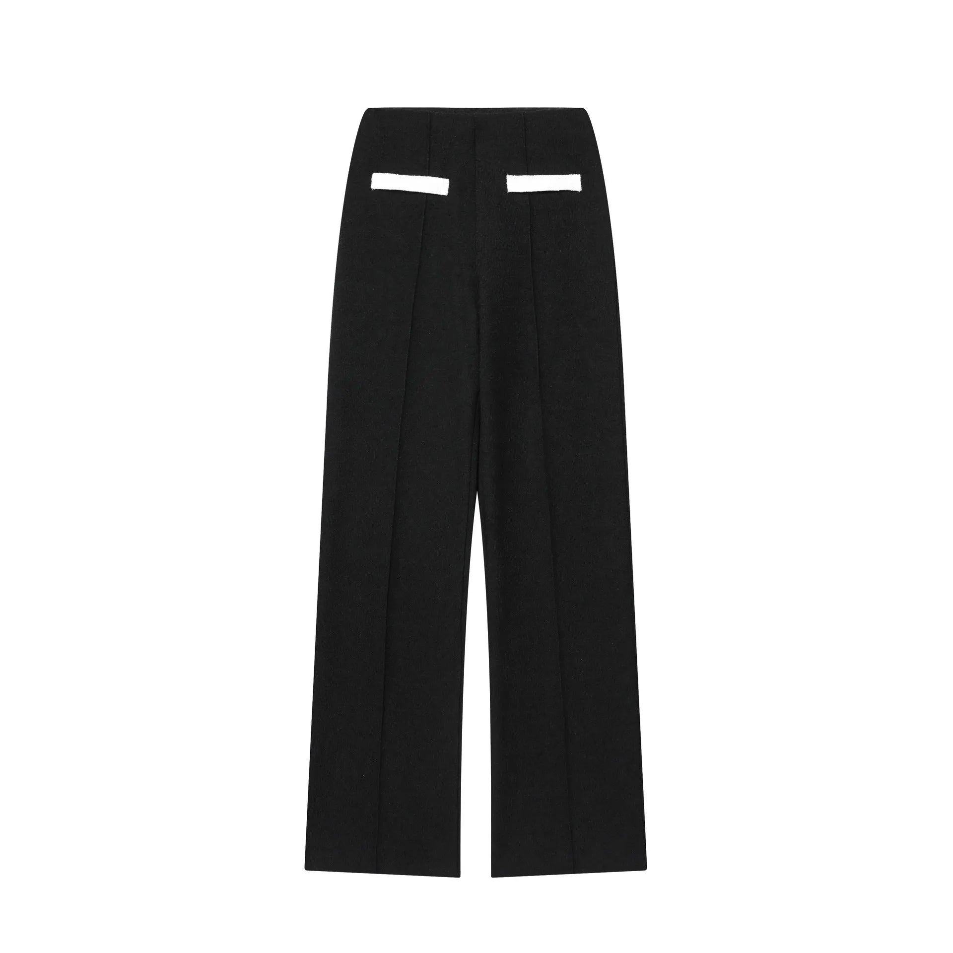 Women's two-piece suit with beaded round-neck top and high-waisted trousers on a hanger.