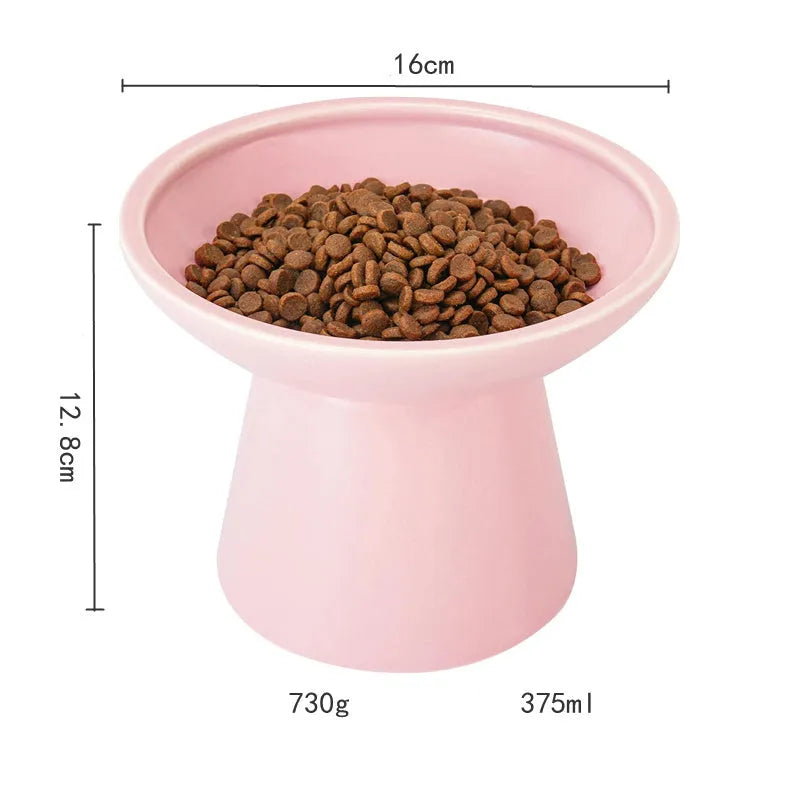 Elevated ceramic cat bowl with wide shallow dish for whisker fatigue prevention