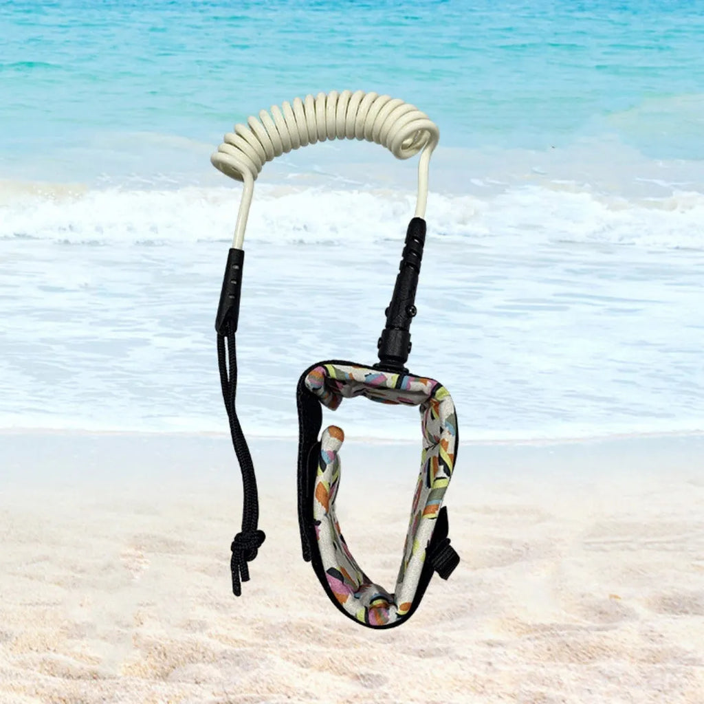 Close-up of a coiled high-strength pulp rope for use as a surfboard hand holding tether.