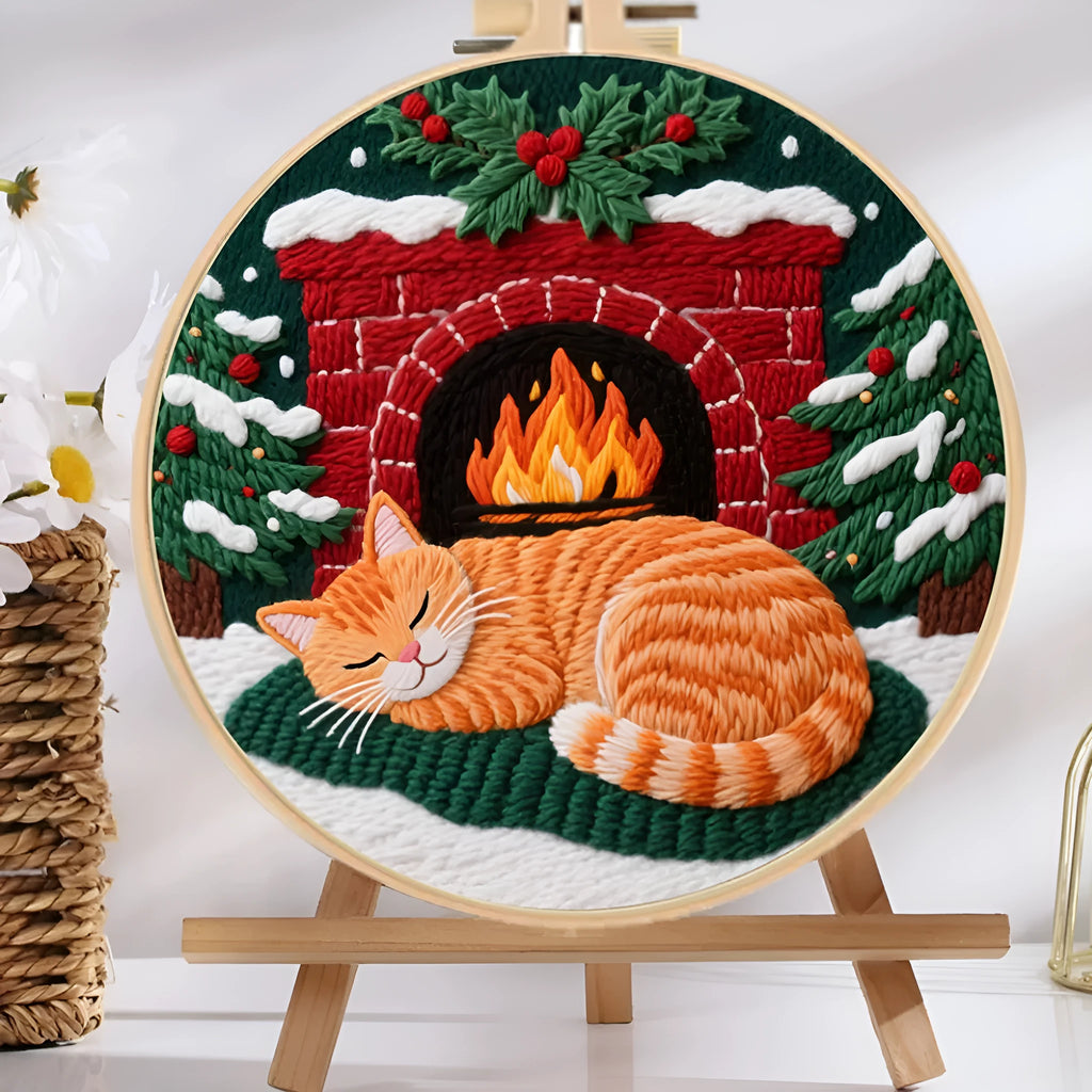 DIY embroidery material kit showing cat and autumn fruit pattern on cotton linen fabric with optional bamboo hoop and scissors.