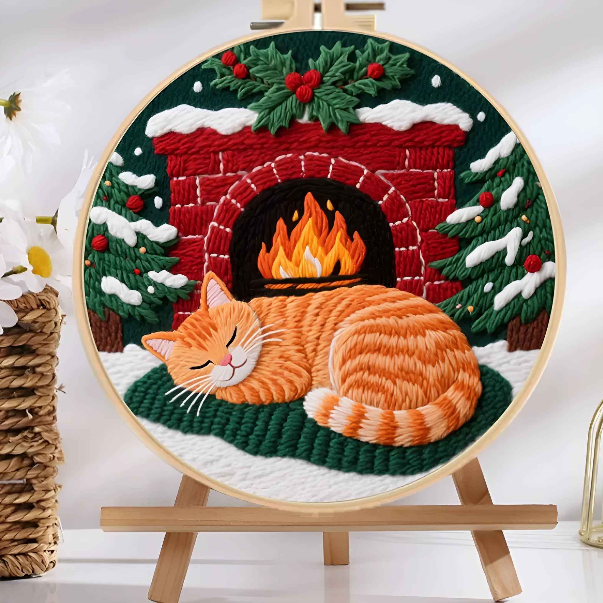 DIY embroidery material kit showing cat and autumn fruit pattern on cotton linen fabric with optional bamboo hoop and scissors.