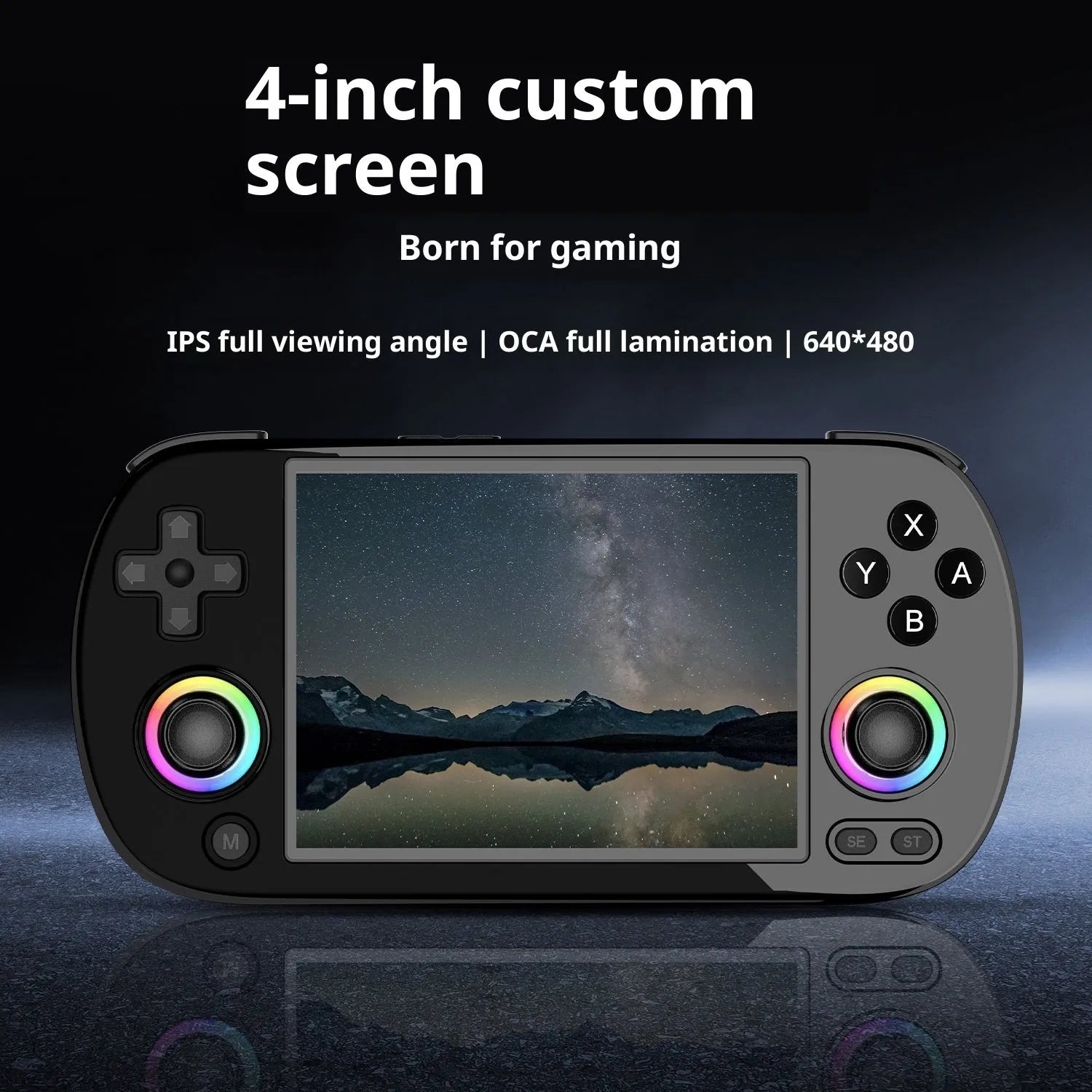 RG40XXH retro handheld game console in black with wireless handle and USB data cable