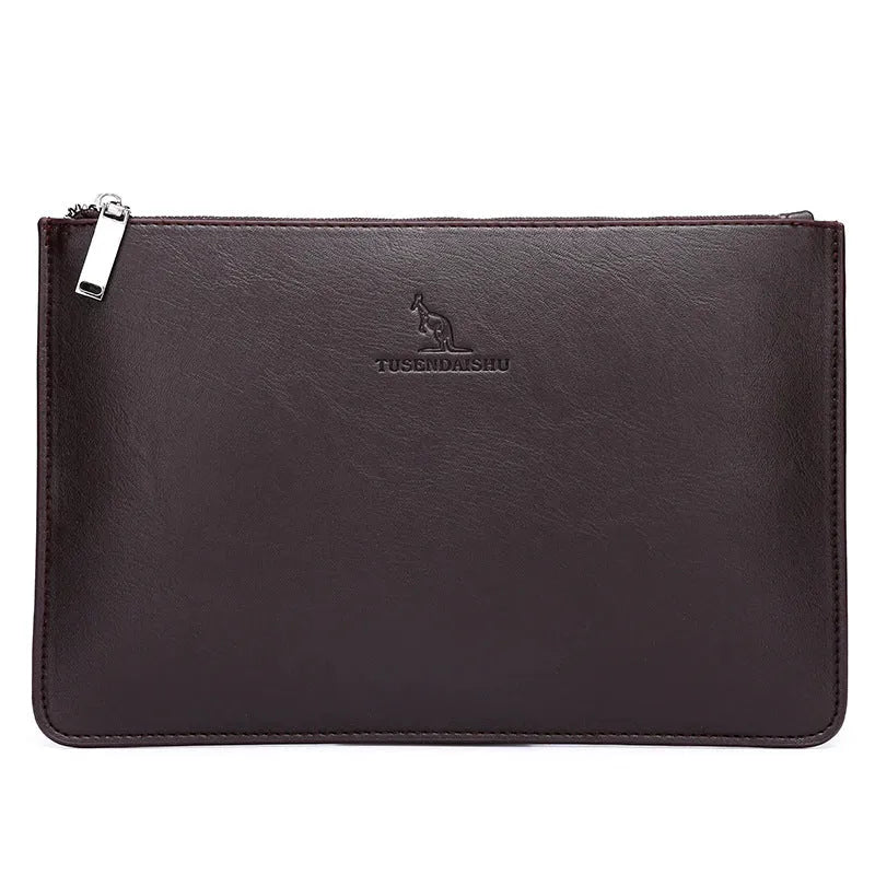 Men's soft PU leather clutch wallet showing card slots and zipper pocket in checkered pattern