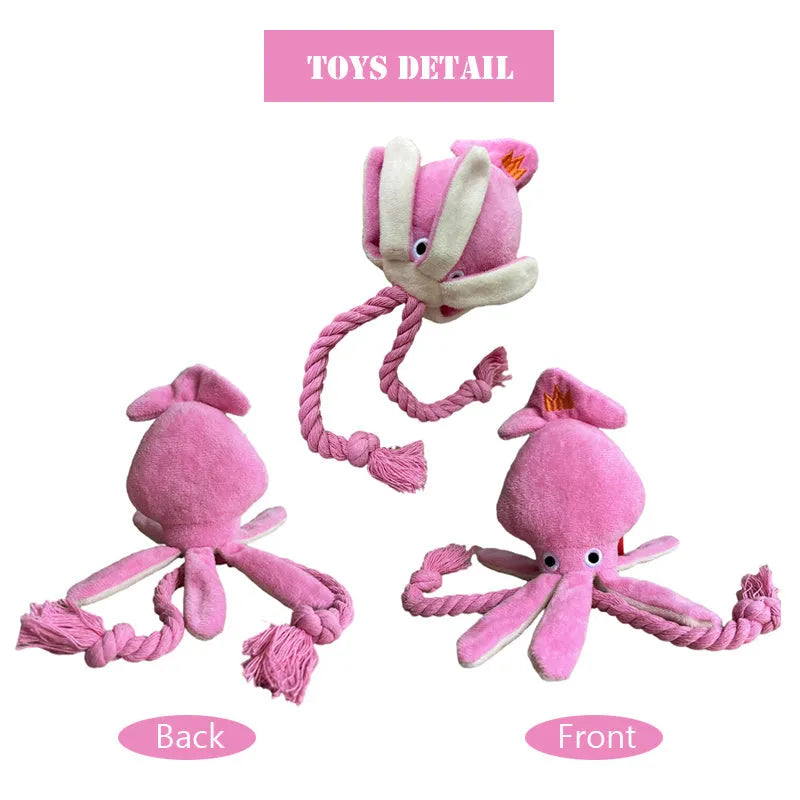 Pink squid-shaped dog chew toy with corduropy fabric, 32cm length with squeaker