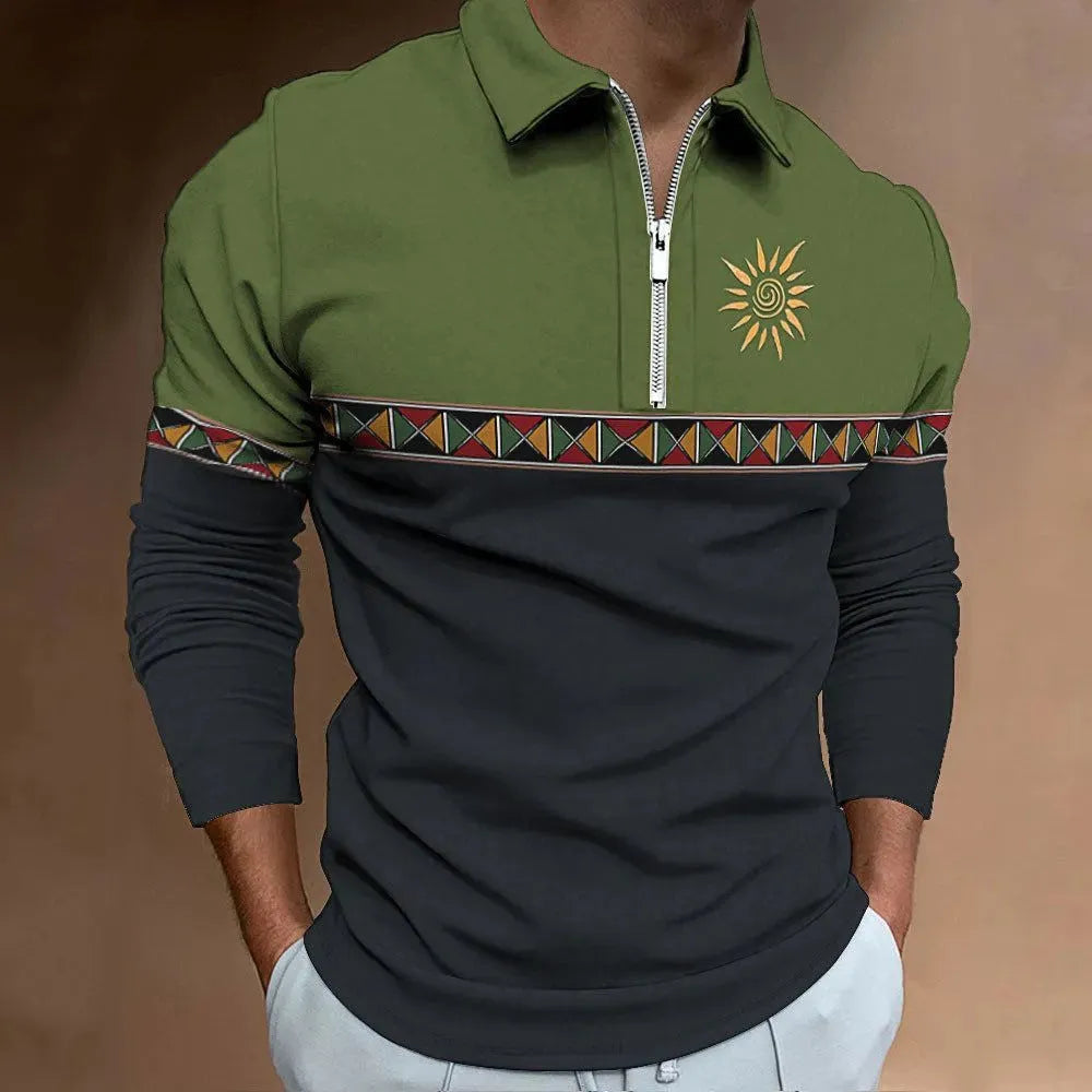Man wearing a loose fit long sleeve t-shirt with retro colour printing and stripe pattern for golf or casual wear