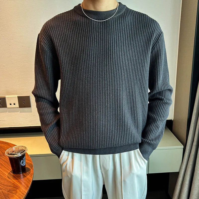 Men's thick bamboo fibre ice silk sweater in light gray, loose fit, round neck, striped pattern