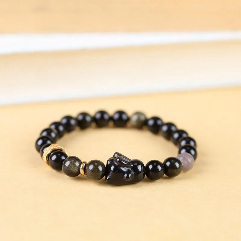 Handmade lying rabbit obsidian bracelet in Chinese national style with 8mm and 10mm width options