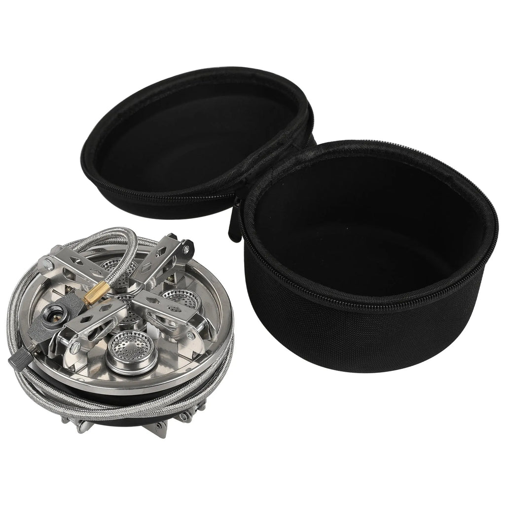 Silver foldable stainless steel split camping stove with extended fuel hose, shown unfolded.