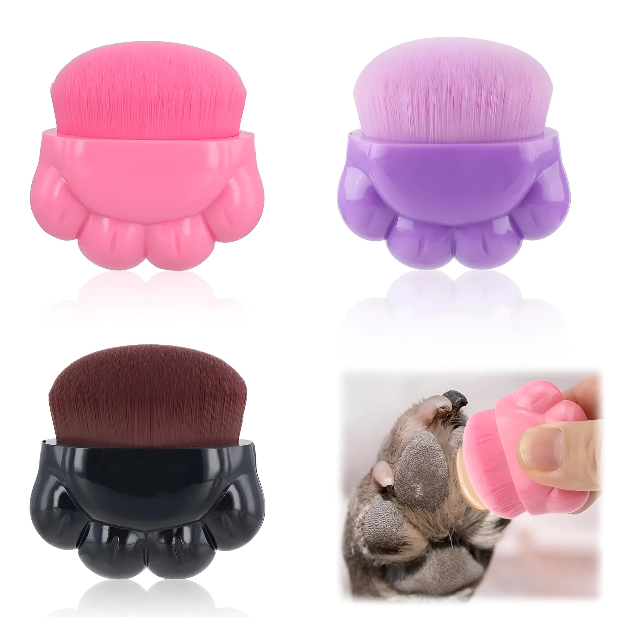 Three small pet paw-shaped balm brushes with soft fibre heads and plastic storage boxes.