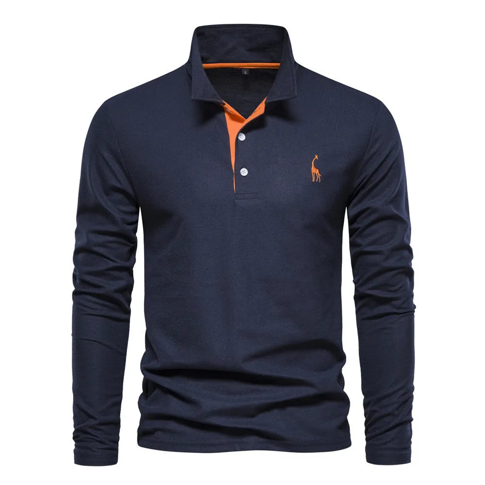 Men's casual polo long sleeve top with deer embroidery, cotton blend, available in multiple colours