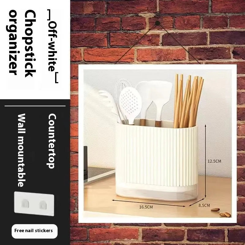 Beige plastic wall-mounted chopstick and spoon holder with cross-drainage tubes