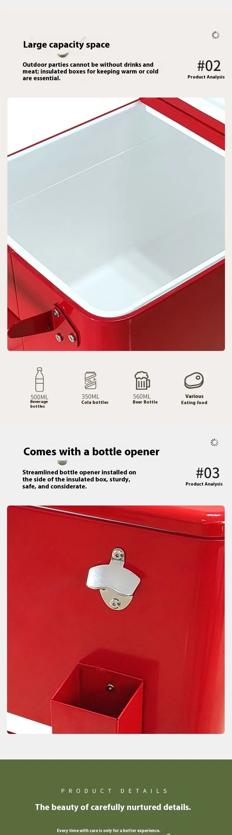 Red outdoor metal insulated trolley with wheels and a 750 capacity picnic cooler box.